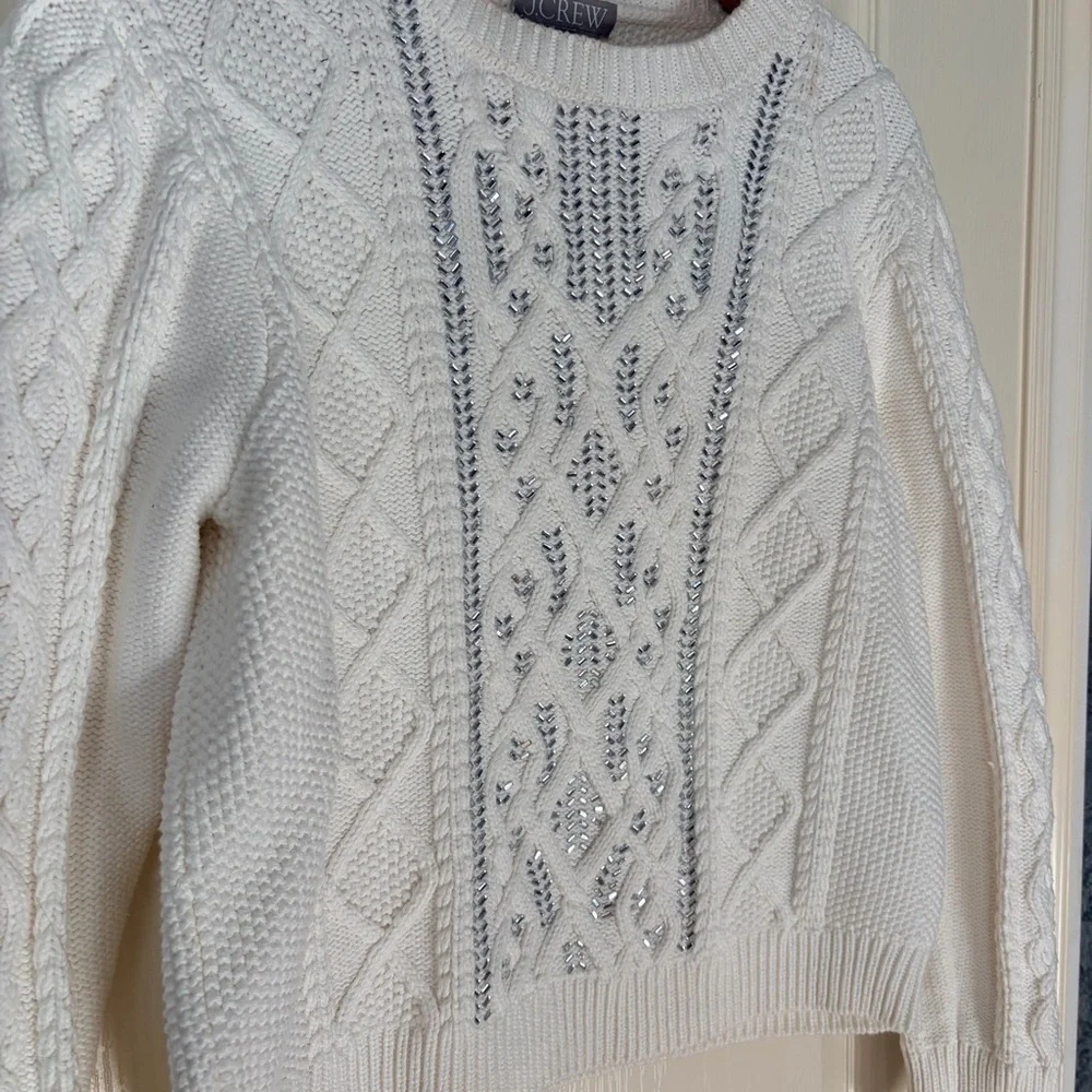 J. Crew White Cable Knit Crystal Embellishments Sweater Top, Large